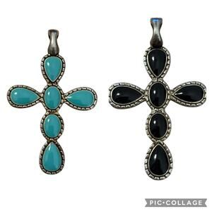 Vintage Double-Sided Cross Black and‎ Teal 2.75" Long